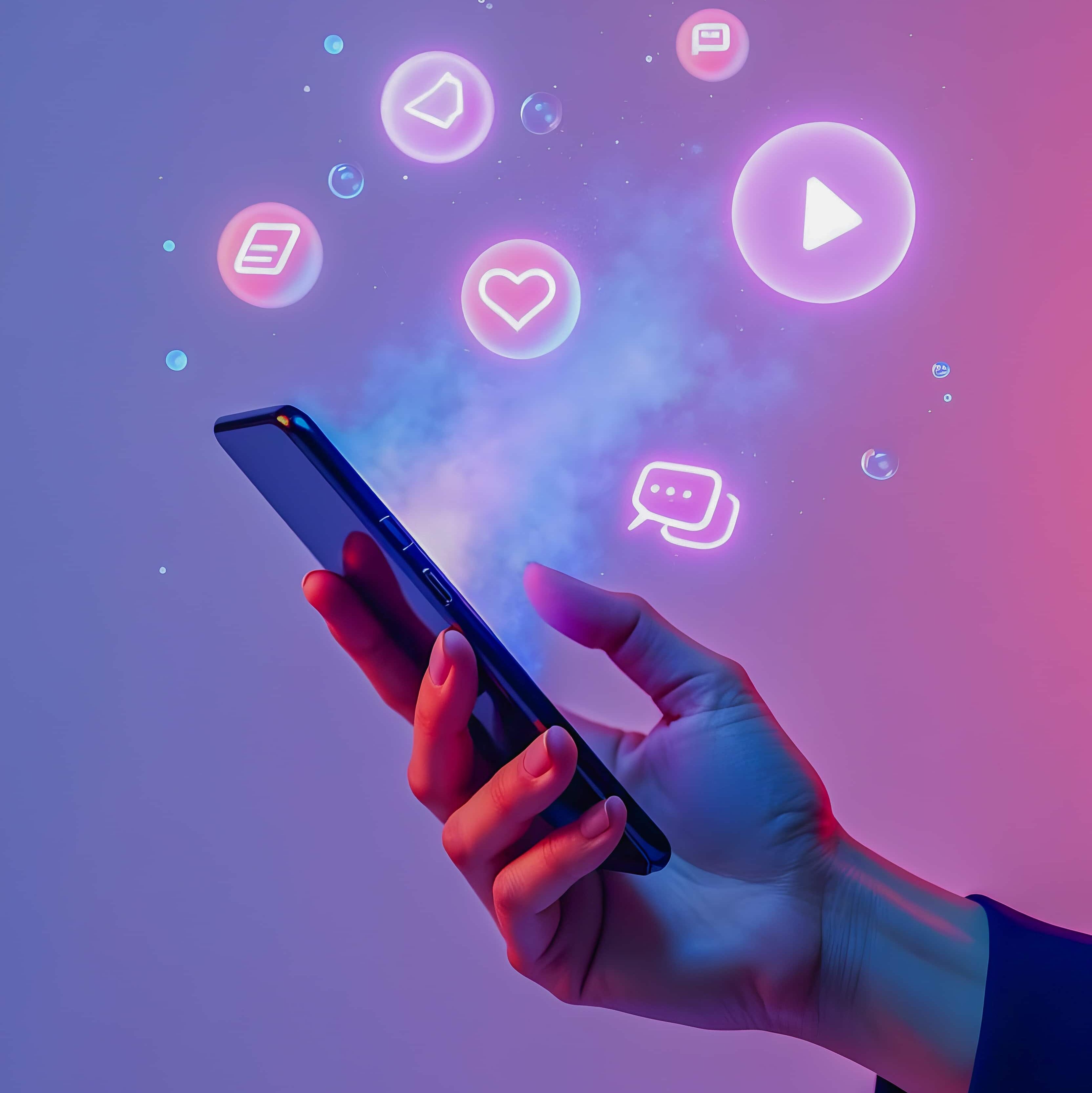 Hand holding a smartphone with glowing social media icons (play, heart, chat) floating in a purple-pink gradient background.