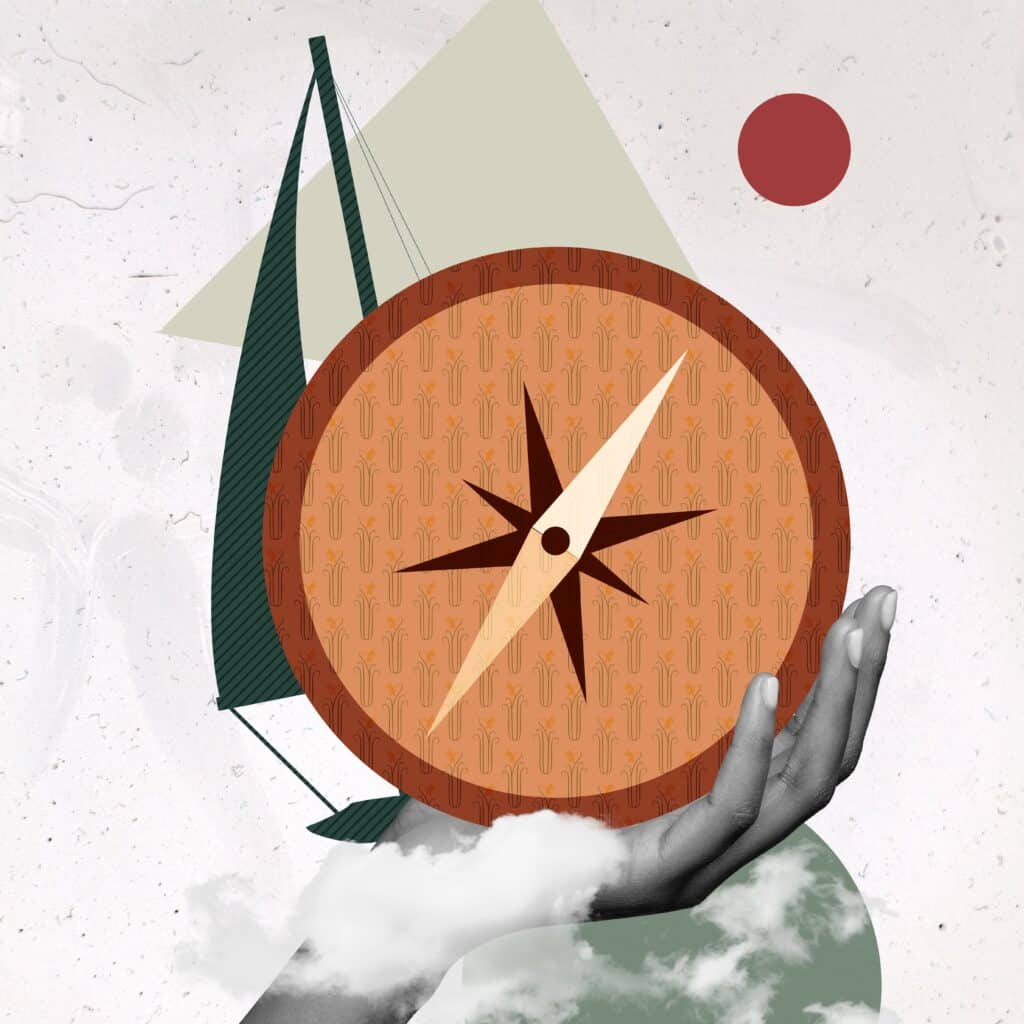 Abstract geometric composition with overlapping shapes: large orange patterned circle, beige triangle, dark green diagonal bar, and red circle on a cloudy background