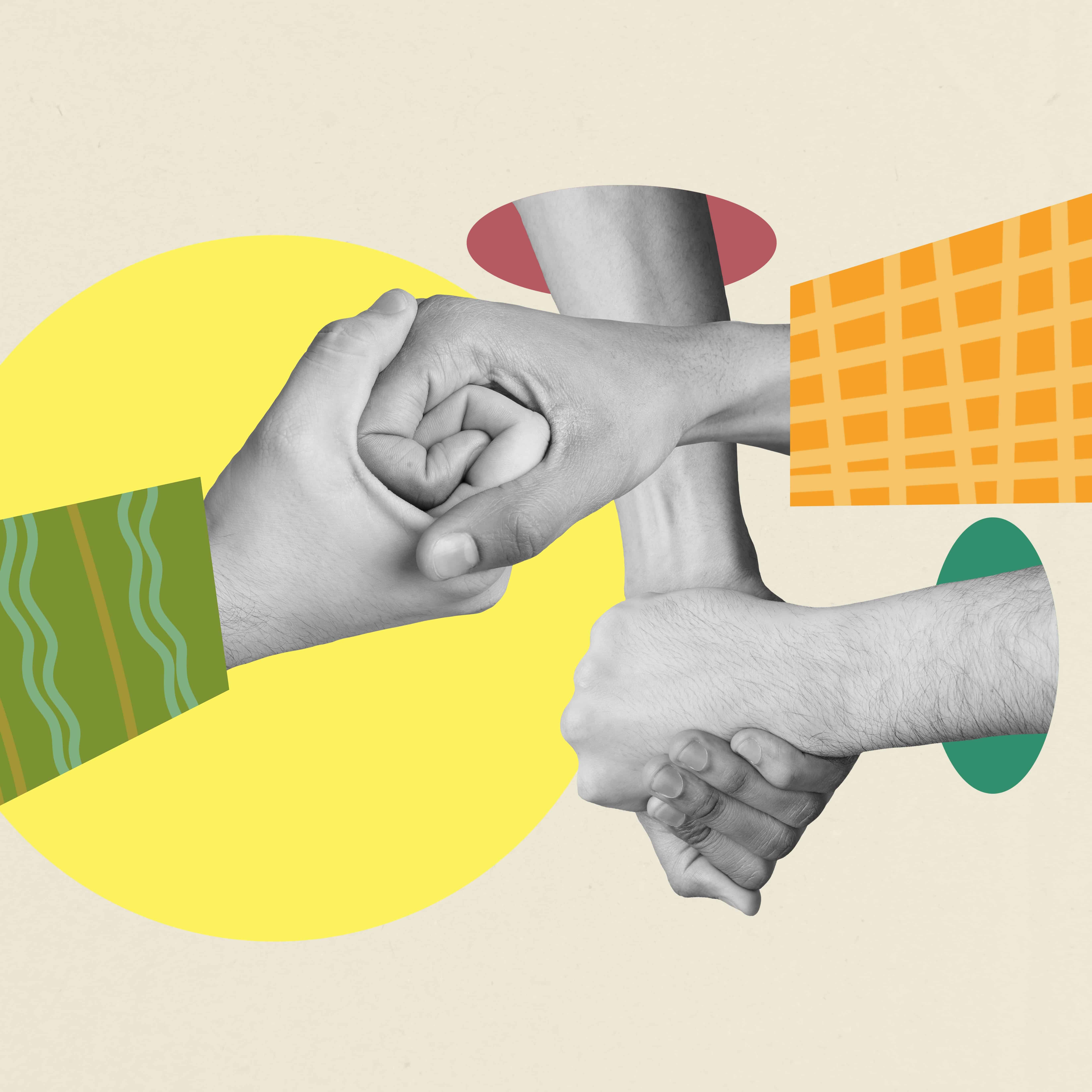 What creates LMS engagement | Promote International Two hands firmly clasped together, symbolizing teamwork and unity against a colorful abstract background