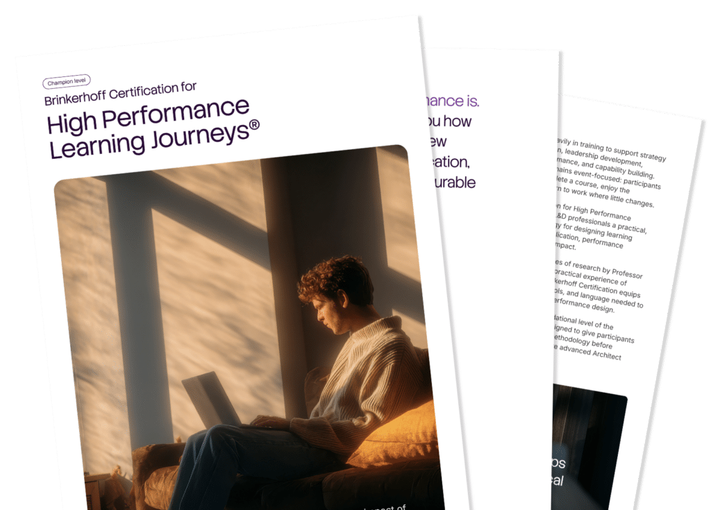 Front page of a Brinkerhoff certification brochure titled 'High Performance Learning Journeys' with a person sitting on a couch using a laptop in warm sunlight.