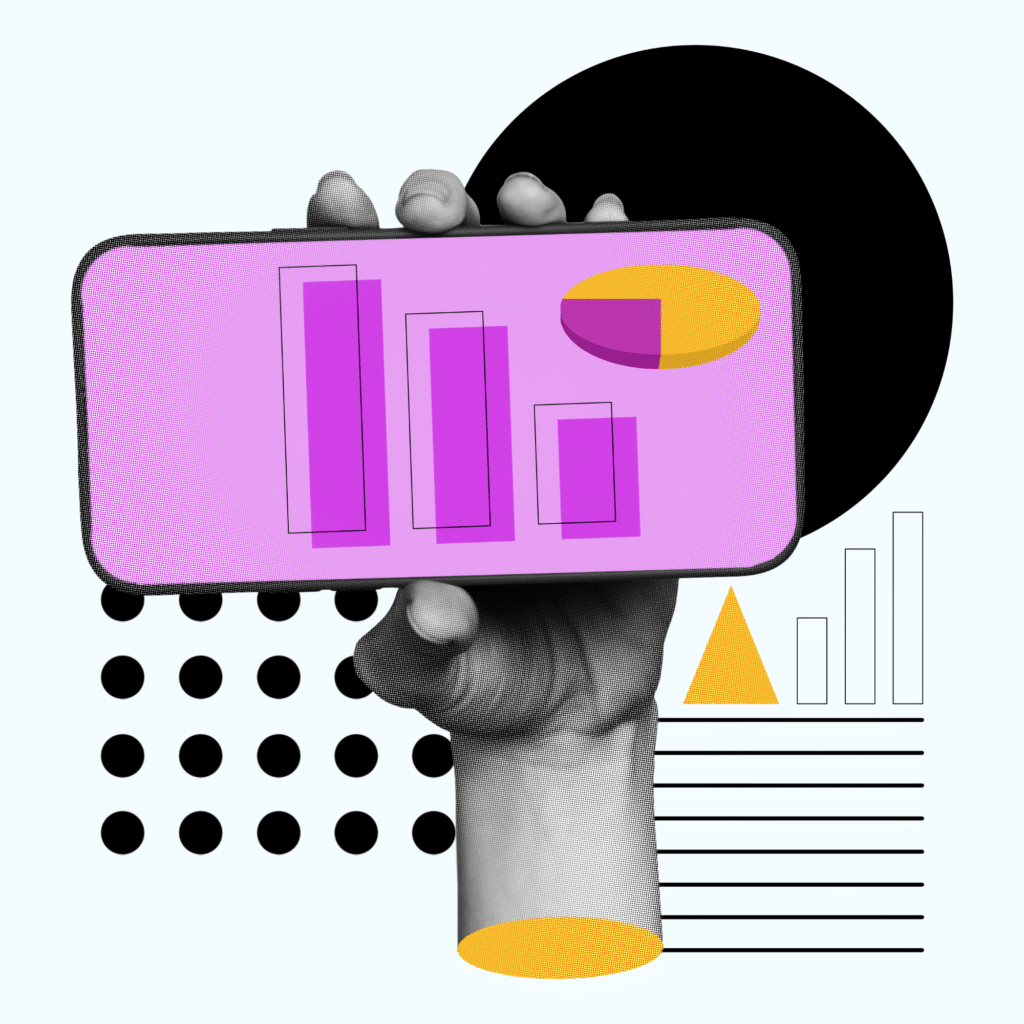 Close-up of a hand holding a smartphone showing colorful bar and pie charts on the screen in a stylized collage.
