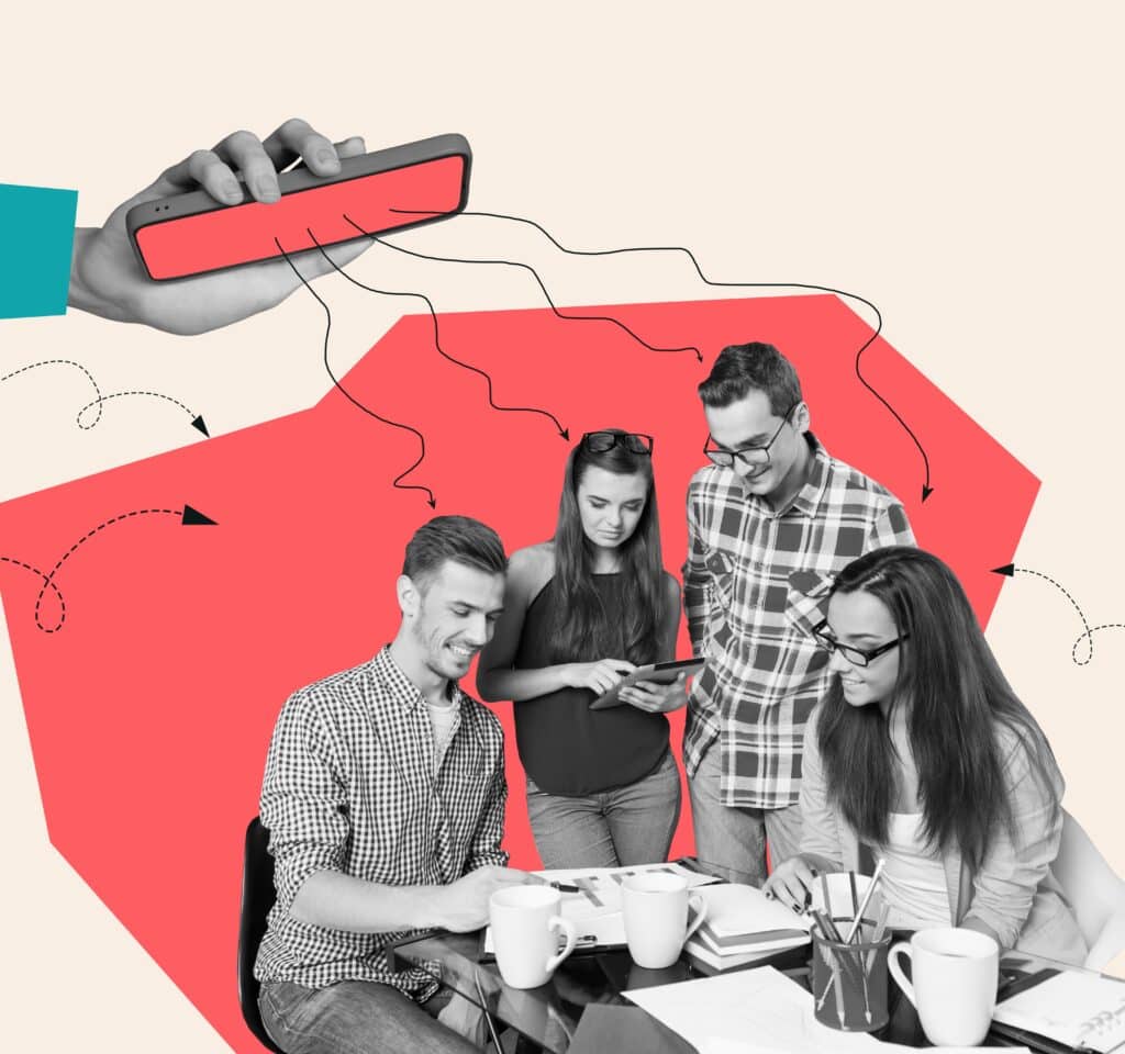 Group of young adults around a table with papers and mugs, collaborating on a project image collage background.
