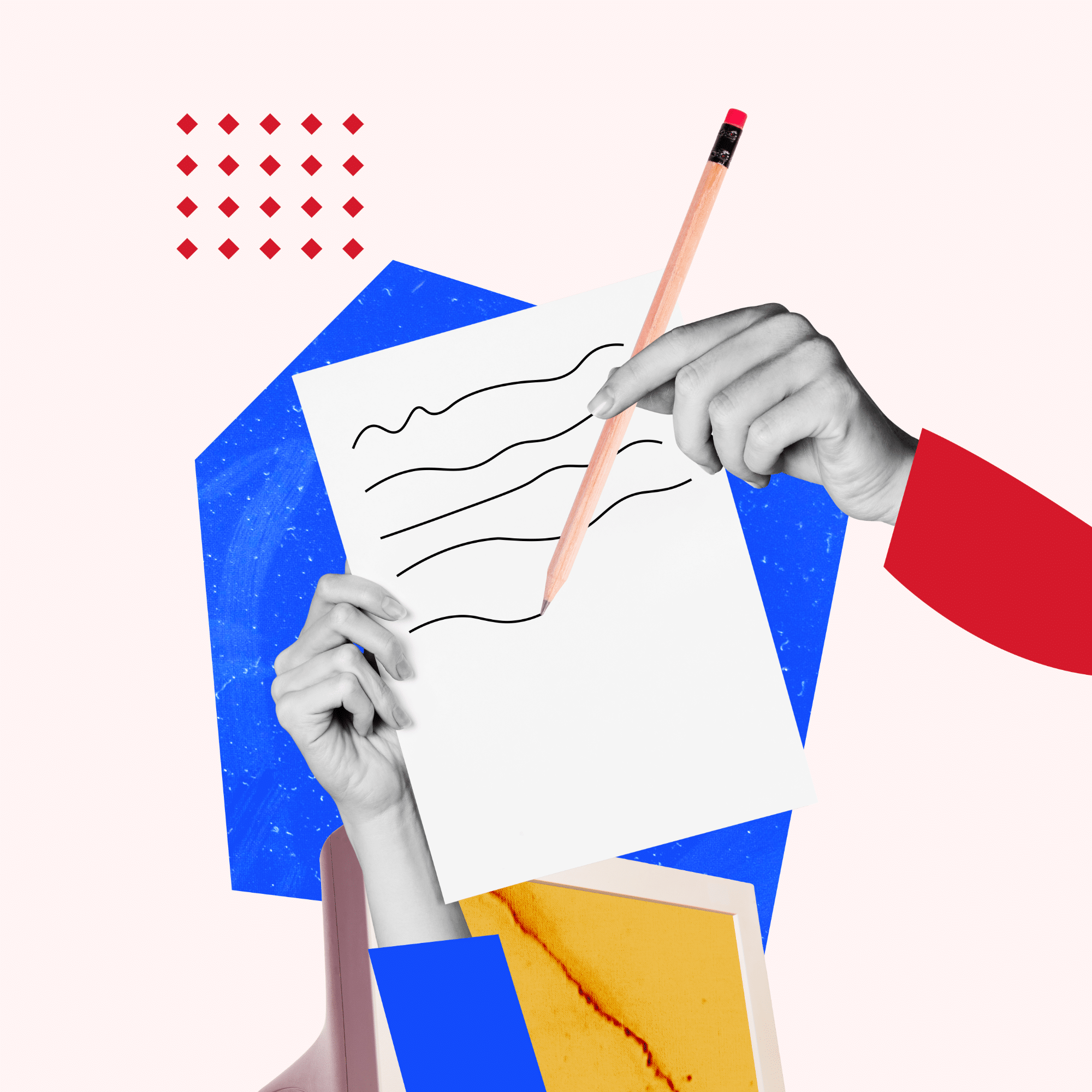 Hand holding a pencil and drawing wavy lines on a piece of paper, with bold blue shapes and red accents in a pale background.