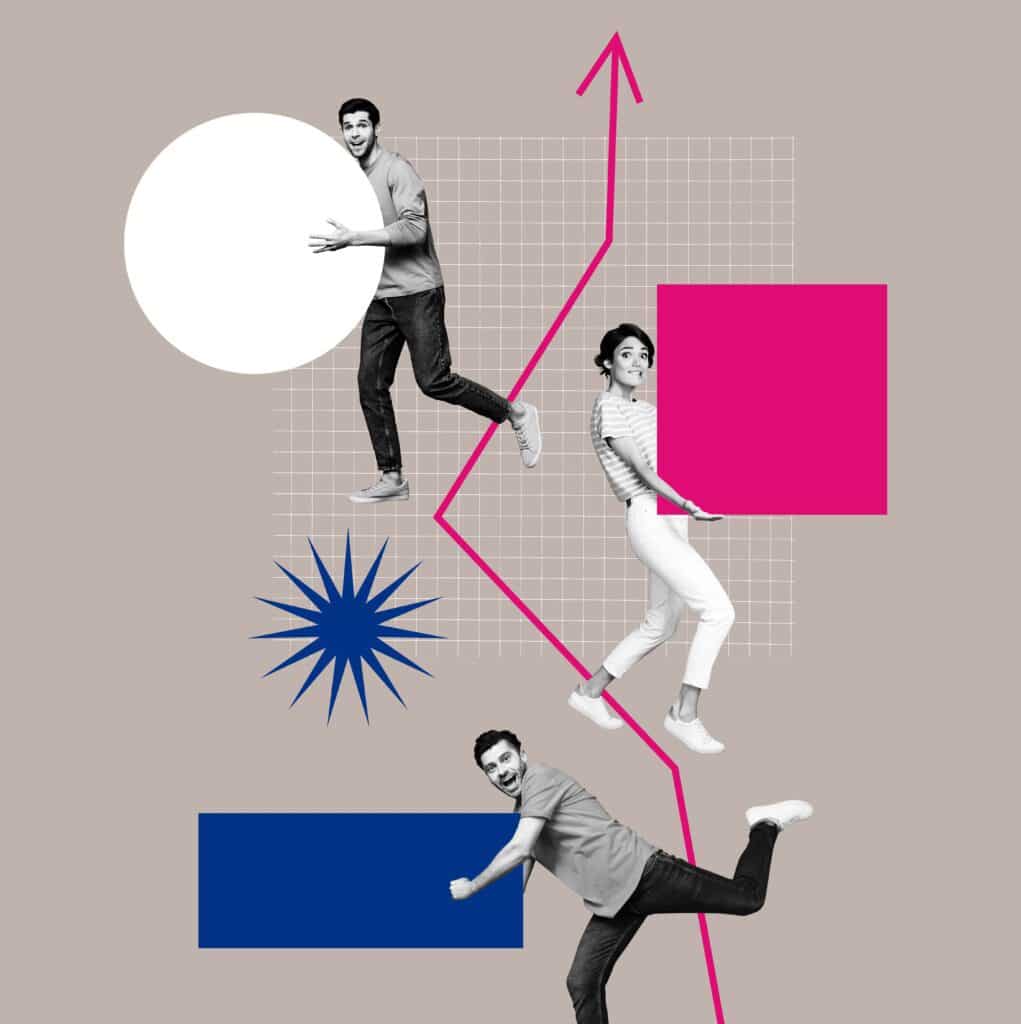 Energetic collage of grayscale people jumping along a pink zigzag line over a beige grid with bold blue and pink shapes, on a beige background.