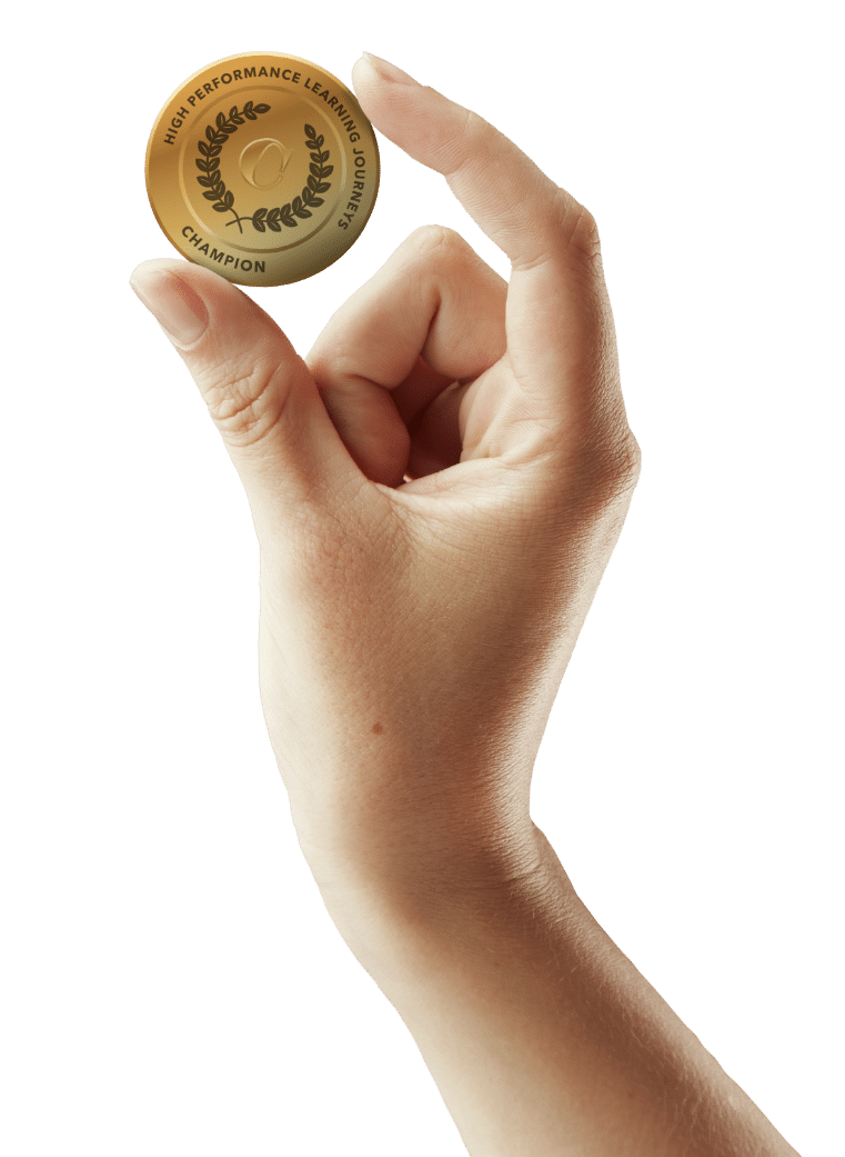 Hand pinching a gold medal with laurel wreath and 'Champion' inscription, reading 'High Performance Learning Journeys' around the edge.