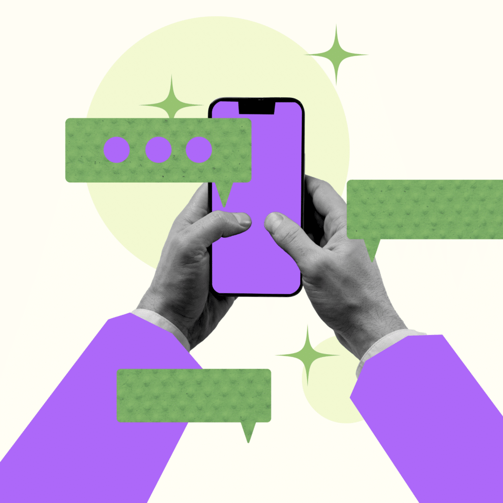 Hands holding a purple smartphone with green chat bubbles around it, abstract sparkles in the background.
